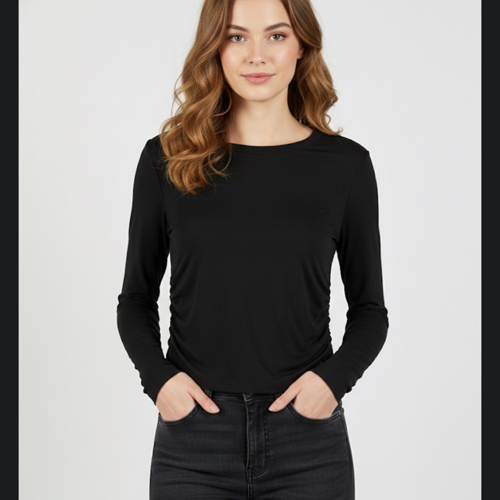 Pretty Garden Black Long Sleeve Ruched Cropped Top - Size Large